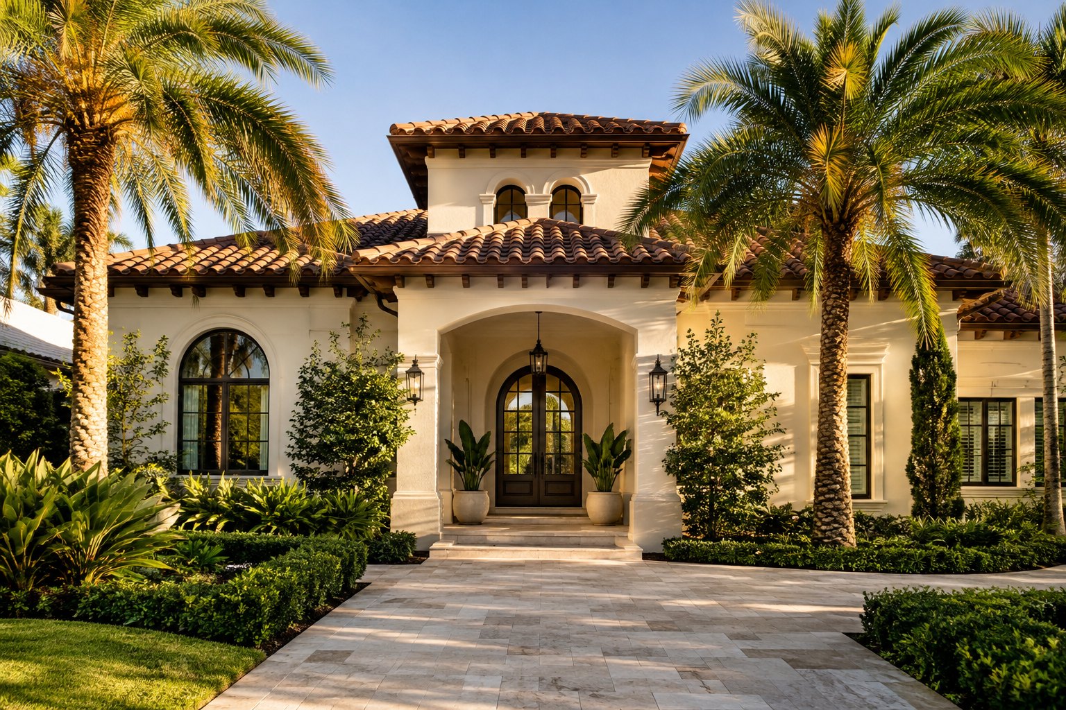 A Mediterranean style Florida home with palms, illustrative