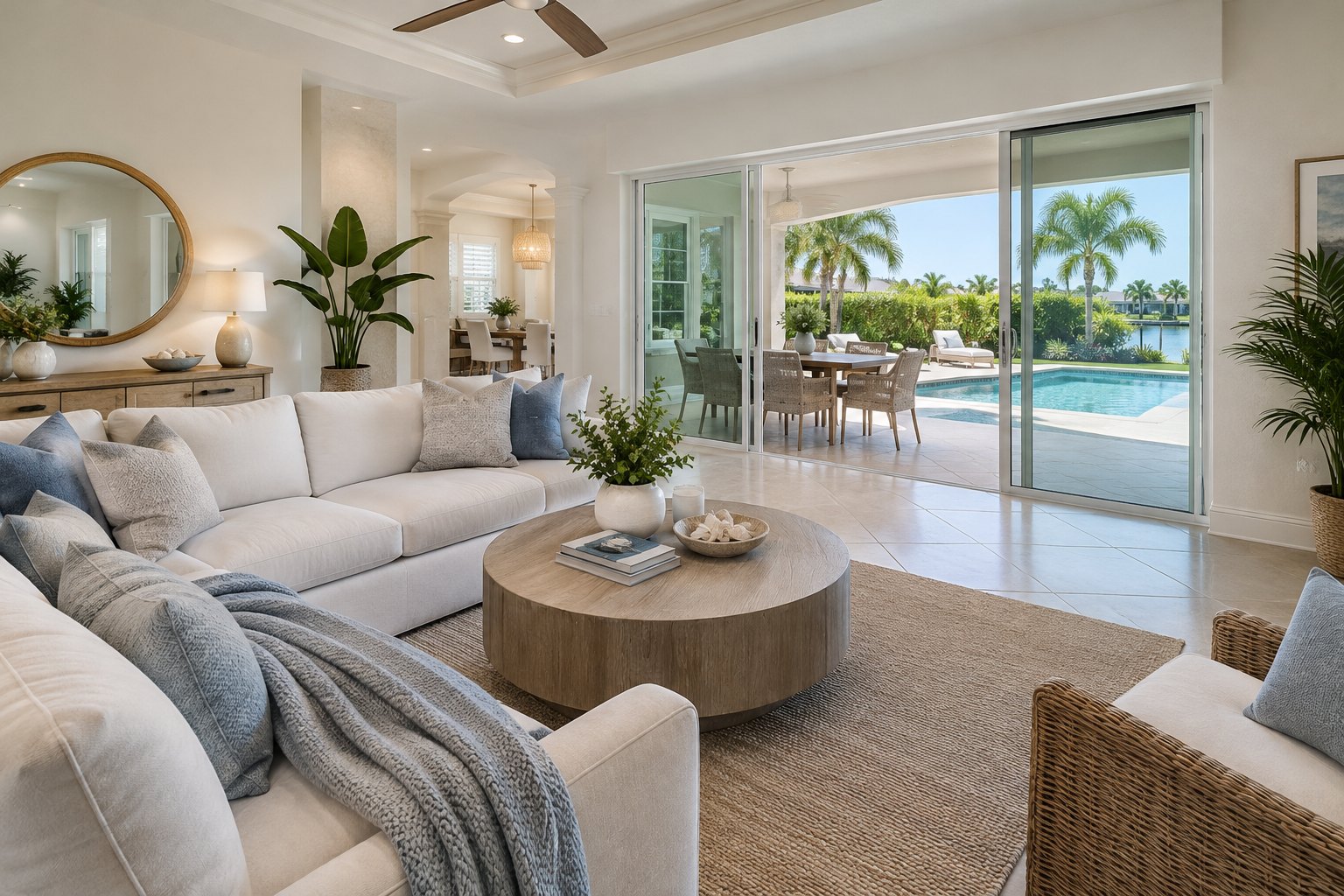 A sunlit Florida family room, illustrative