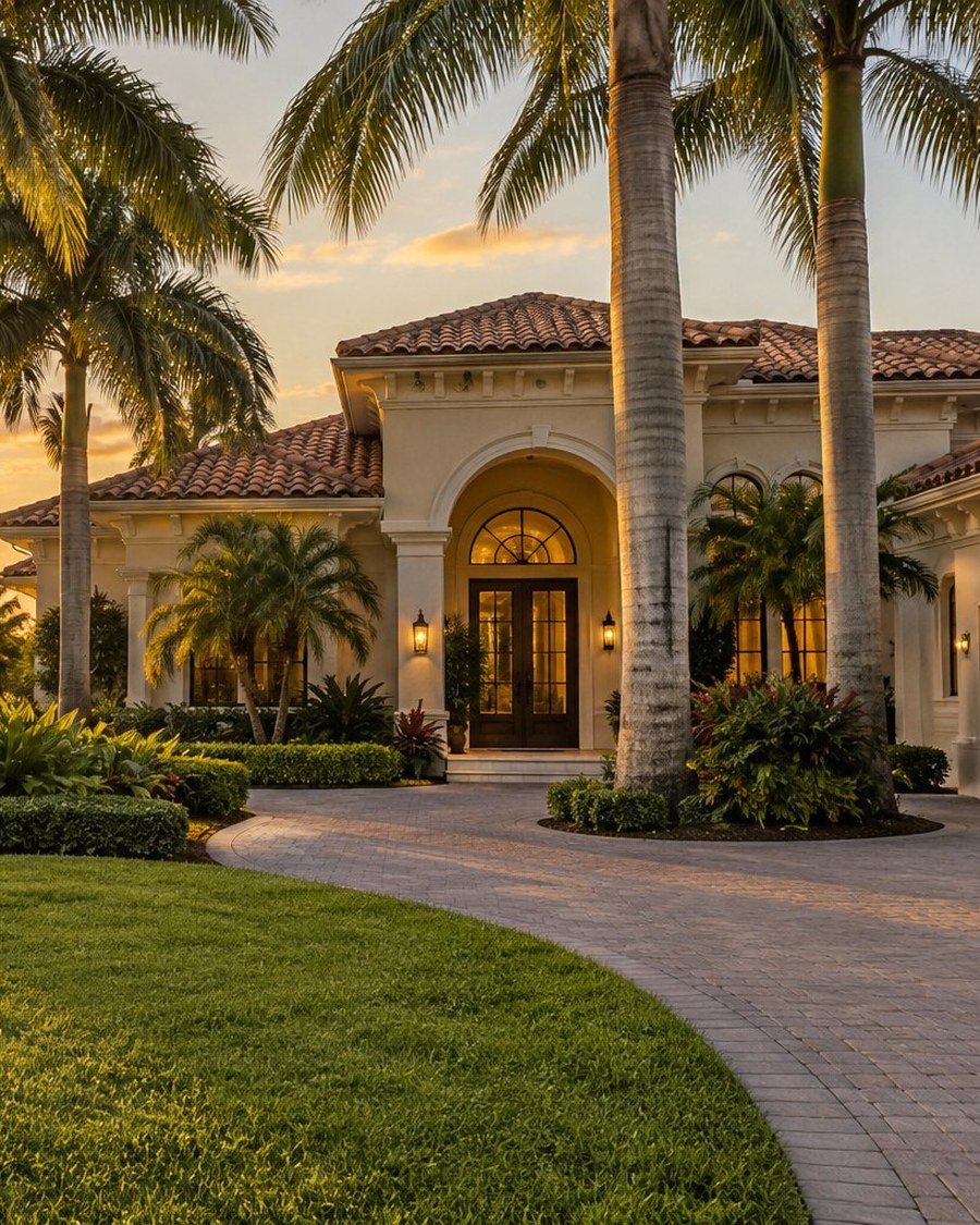 A Mediterranean style Palm Beach County home at sunset, illustrative